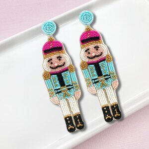 Blue & Red Nutcracker Wooden Soldier Christmas Holiday Seed Beaded Earrings NEW